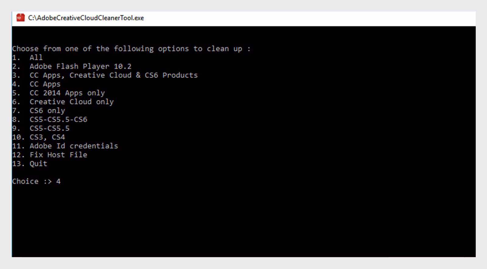 The Creative Cloud Cleaner Tool on Windows display 1