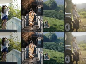 Bốn ảnh ngoại cảnh trước và sau khi đồng bộ cùng một bộ màu trong Fotoreto