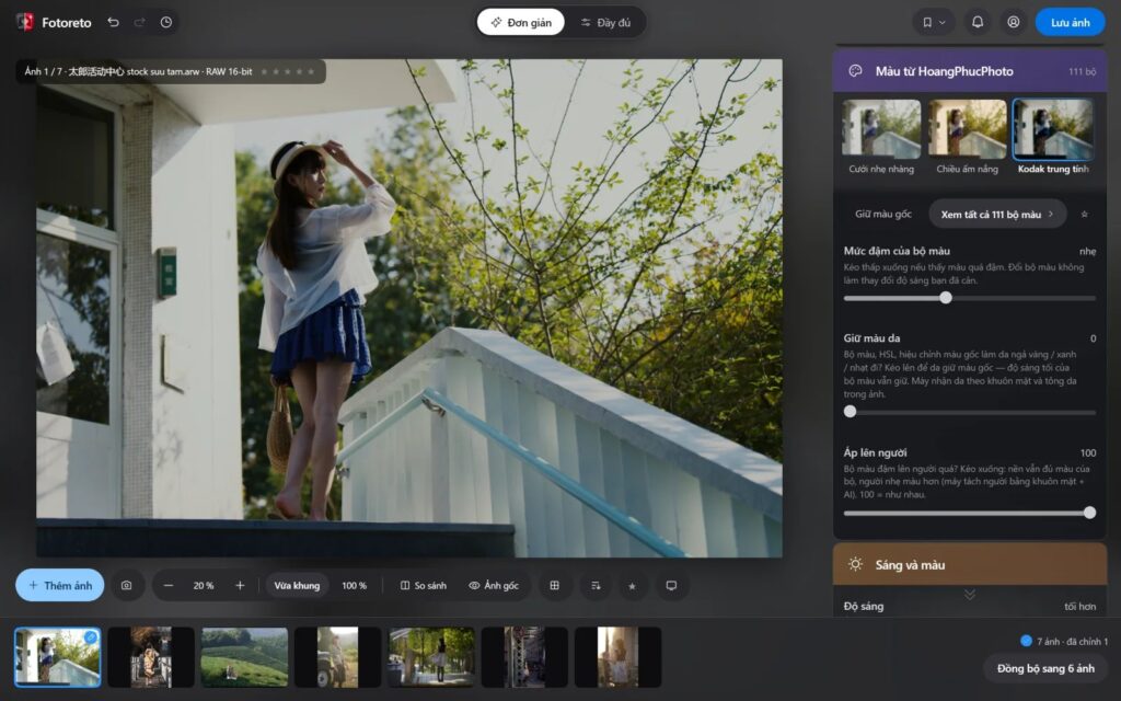 Giao diện Fotoreto: ảnh RAW đang chỉnh, cột bộ màu bên phải, dải ảnh cả buổi chụp bên dưới