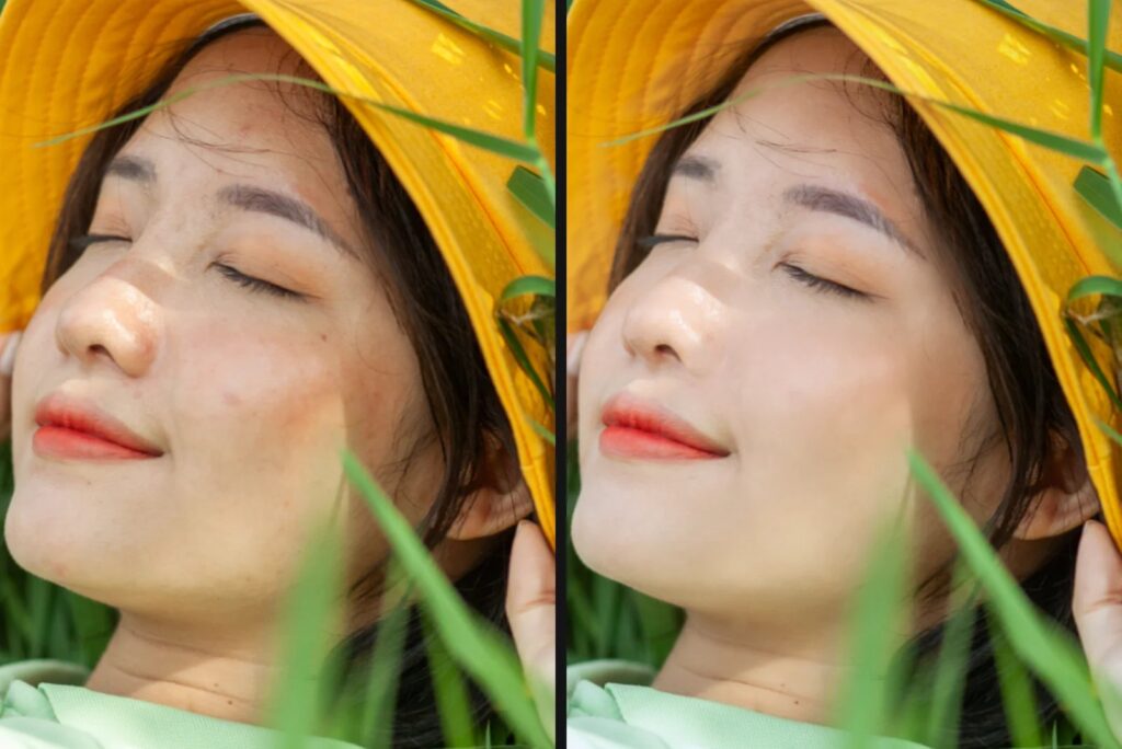 Chân dung trước và sau khi retouch da trong Fotoreto