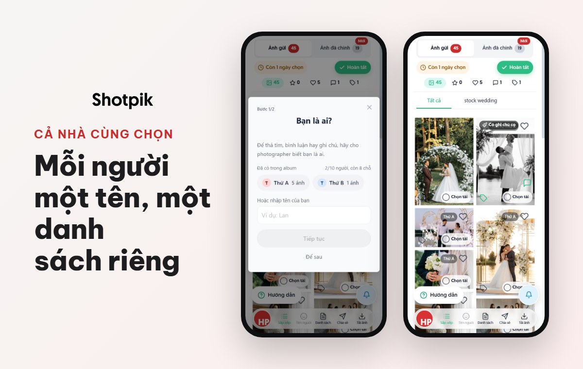 Shotpik có gì mới? 9 tính năng giúp khách chọn ảnh online dễ hơn 3 Nhiều người cùng chọn ảnh trên một link album Shotpik, mỗi người một tên riêng